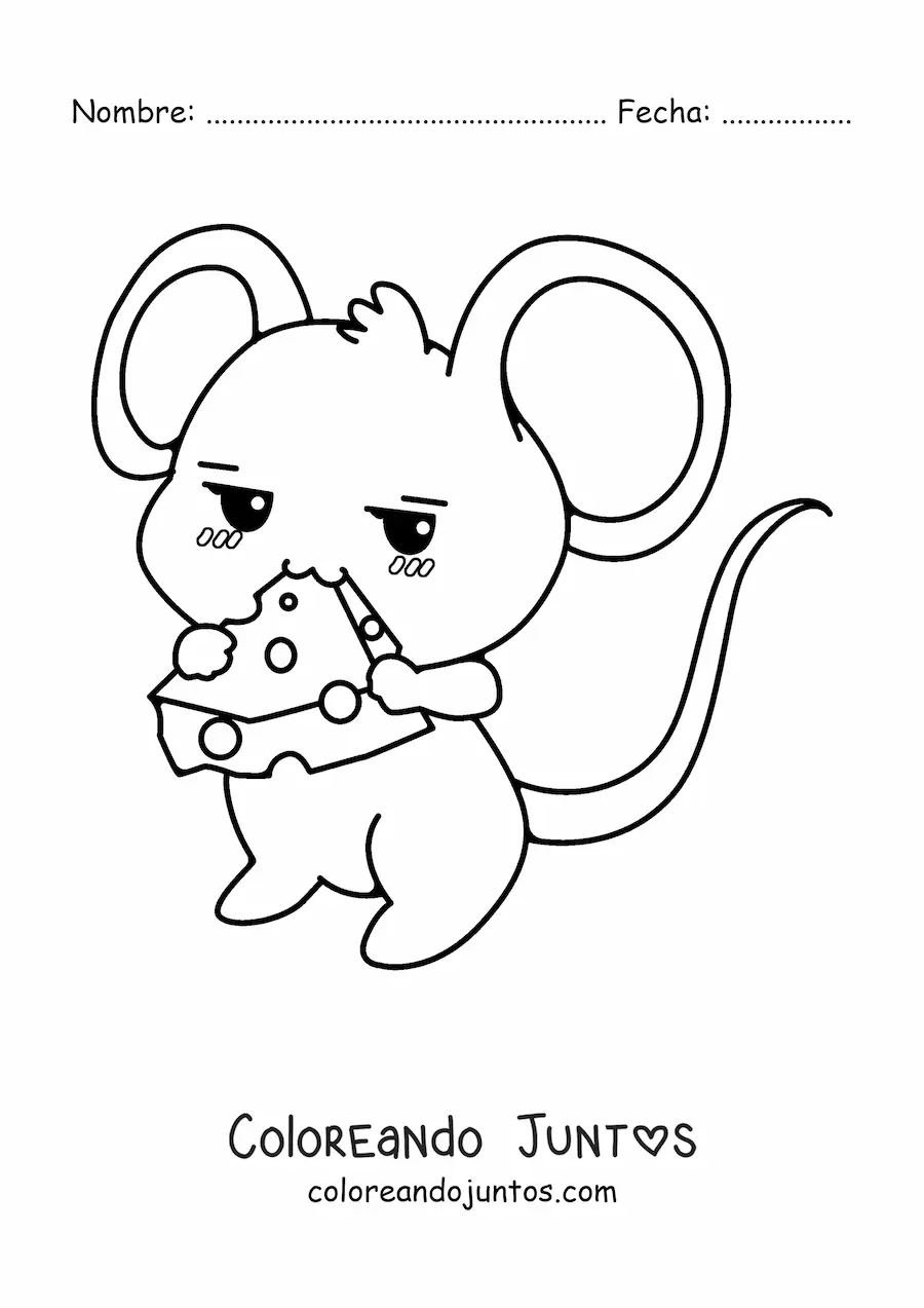 Imagen para colorear de un ratón animado kawaii comiendo queso