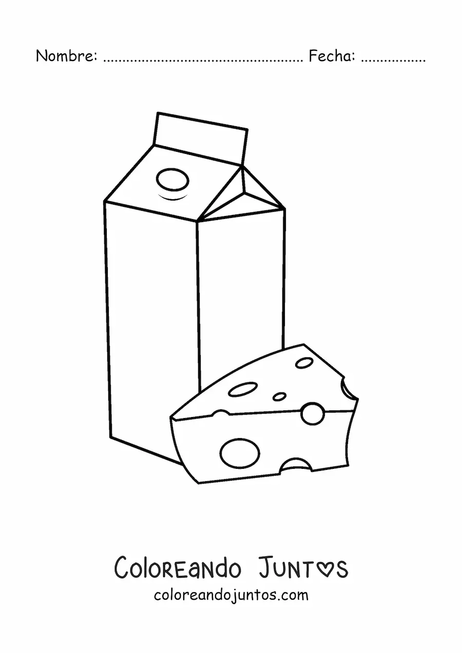 Imagen para colorear de un trozo de queso y un cartón de leche