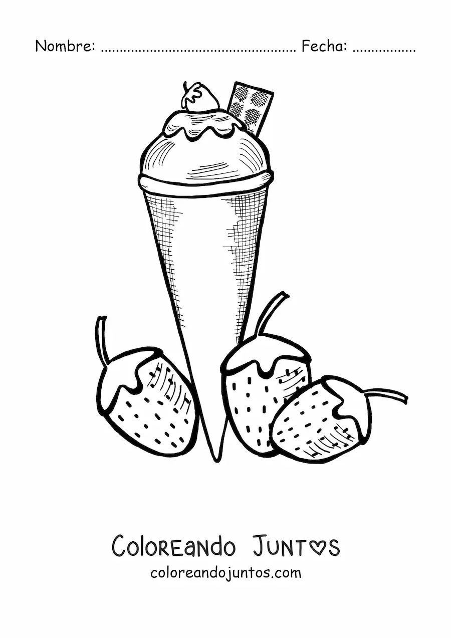 Imagen para colorear de un helado barquilla junto a dos fresas