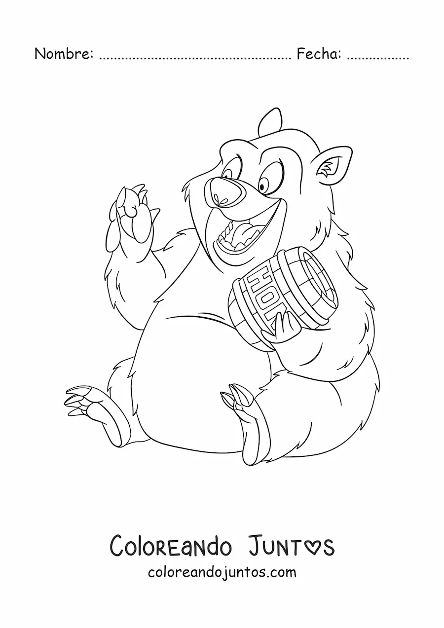 Imagen para colorear de un oso animado comiendo miel