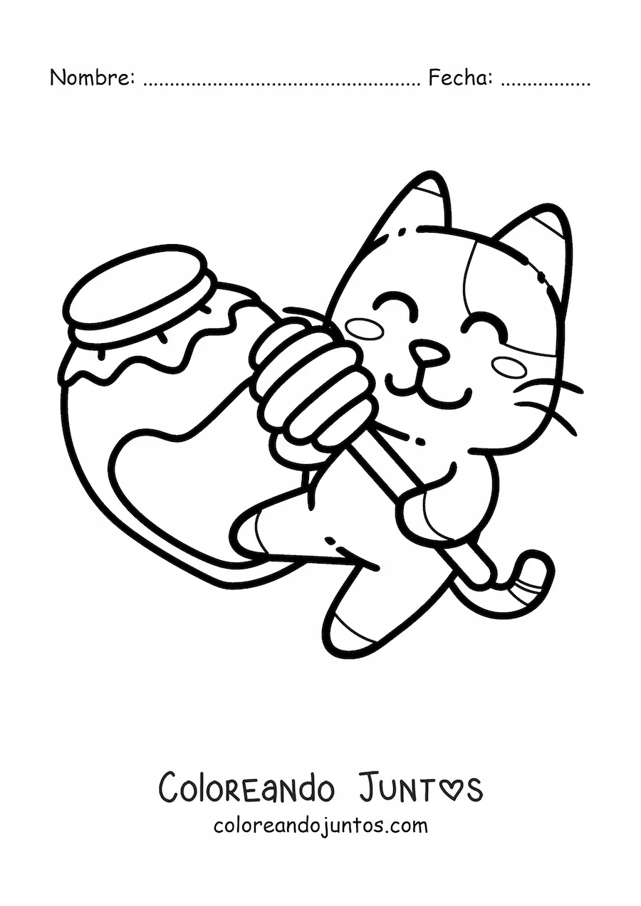 Imagen para colorear de un gato animado con un tarro de miel