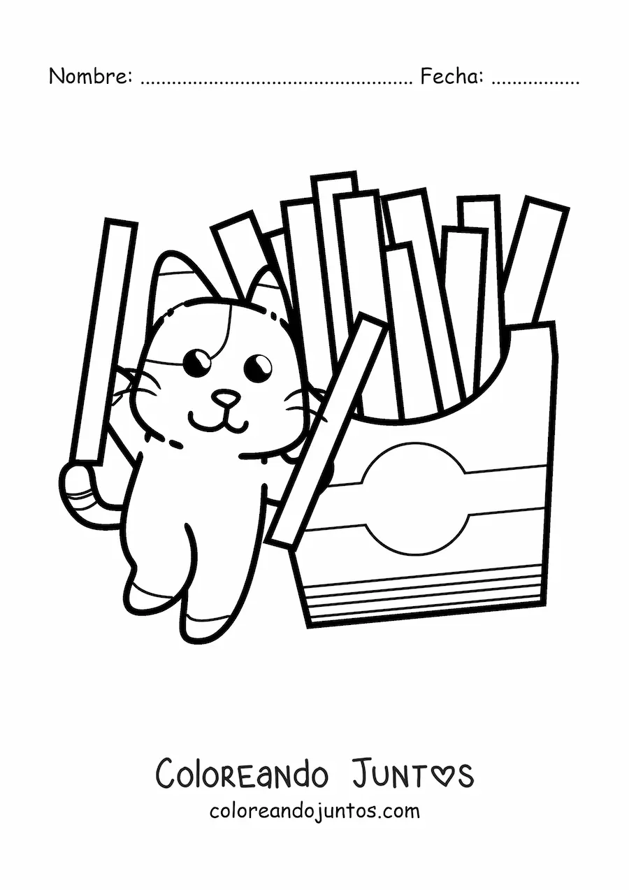 Imagen para colorear de un gato animado jugando con unas papas fritas