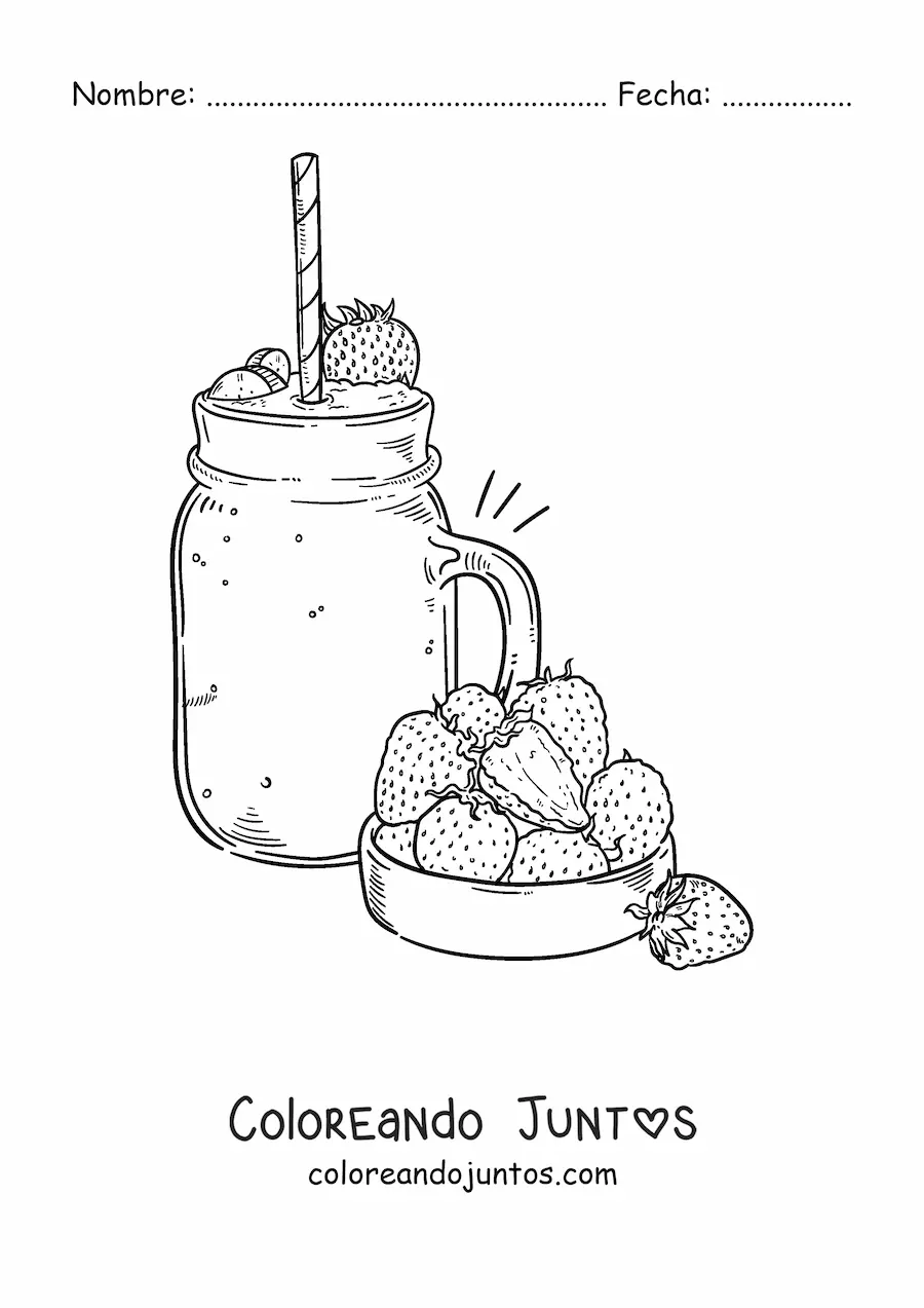 Imagen para colorear de una jarra con un batido de fresas junto a varias fresas