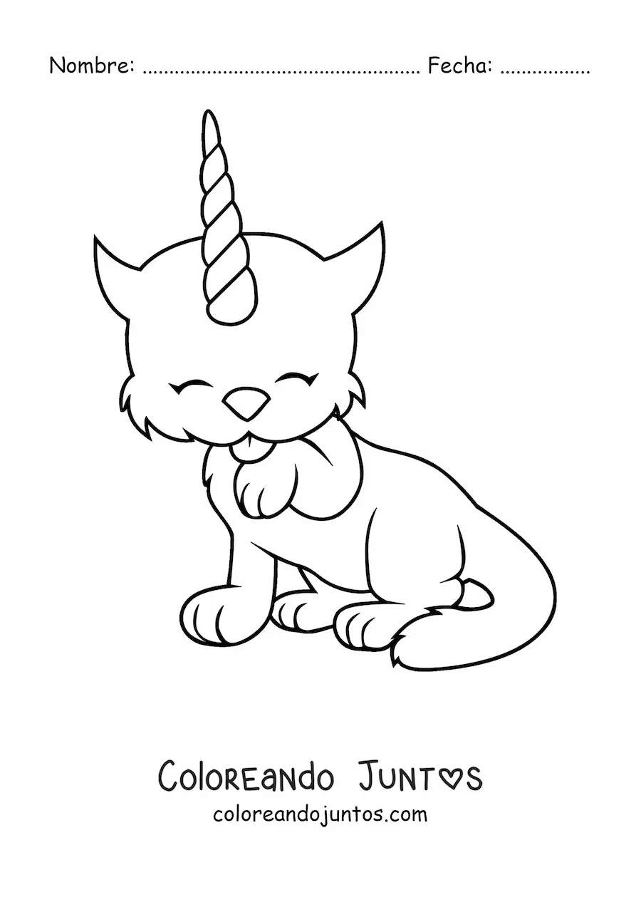 Imagen para colorear kawaii de un híbrido entre un gato y un unicornio