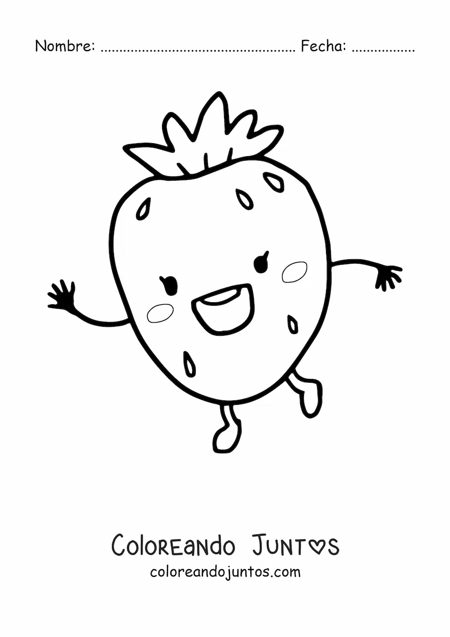 Imagen para colorear de una fresa kawaii animada saludando feliz