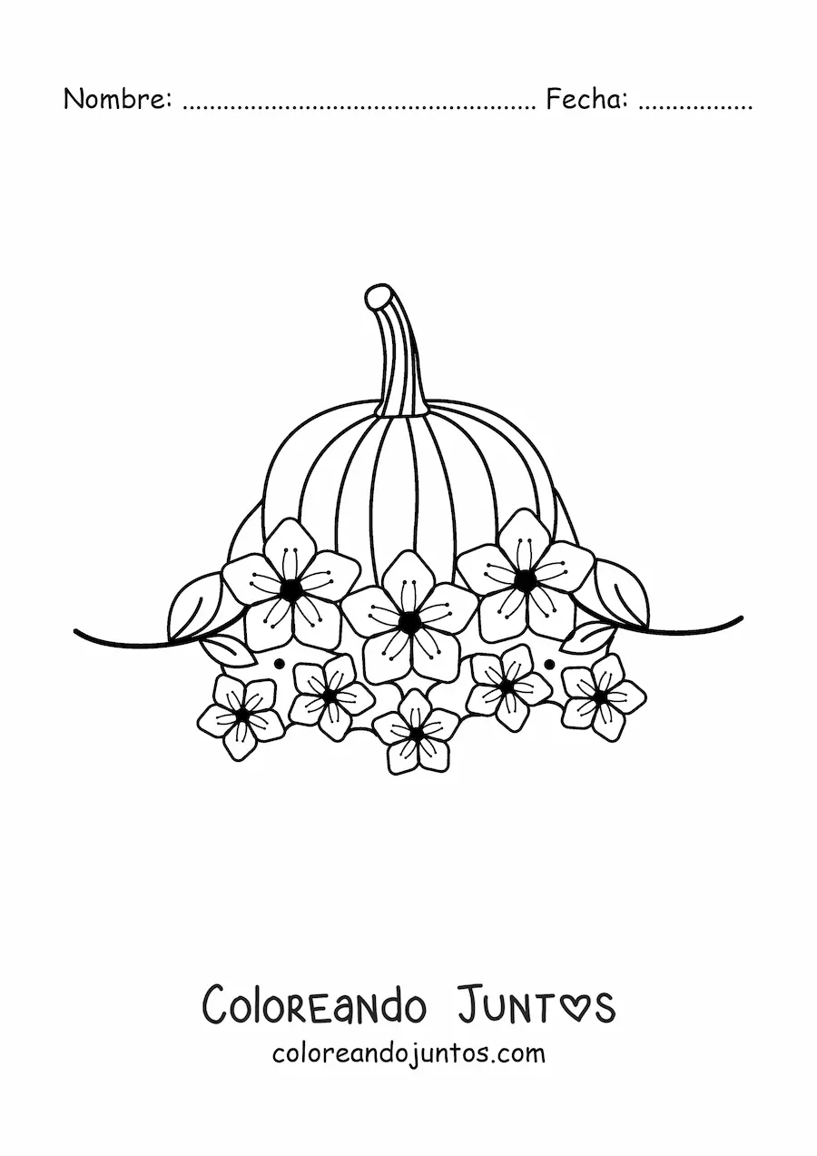 Imagen para colorear de una calabaza rodeada de flores