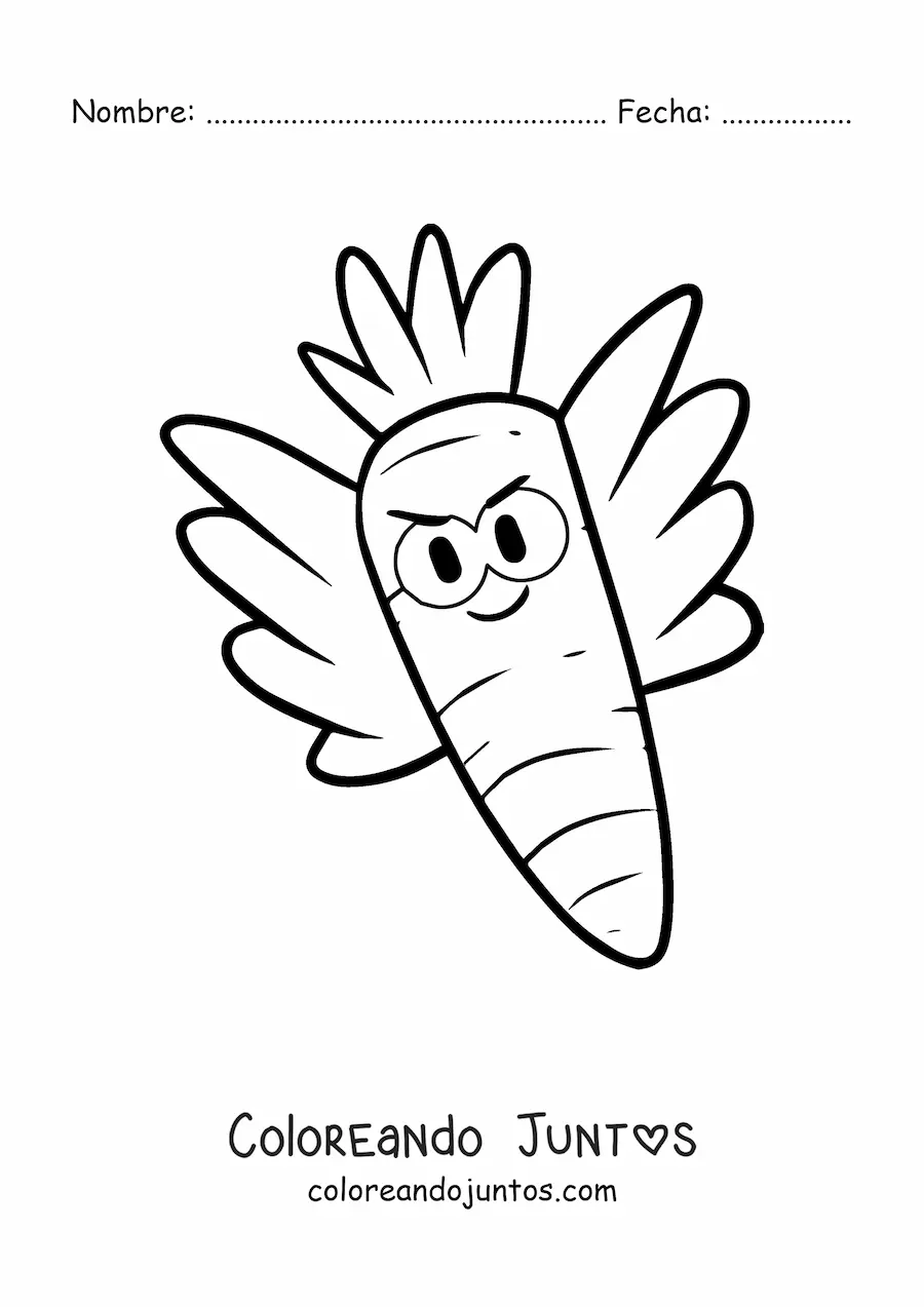 Imagen para colorear de una zanahoria animada con alas