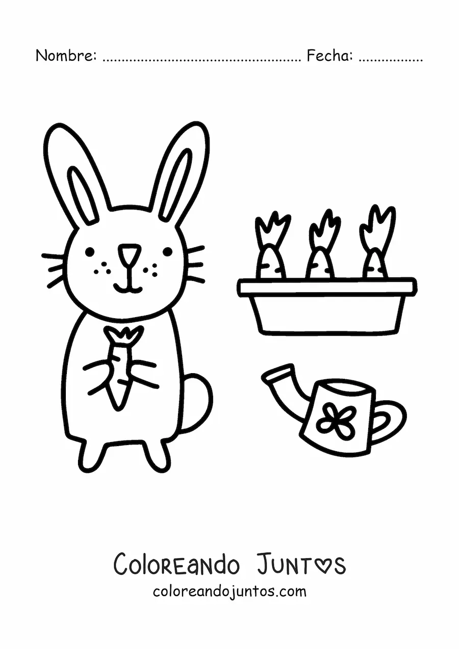 Imagen para colorear de un conejo kawaii junto a un huerto de zanahorias