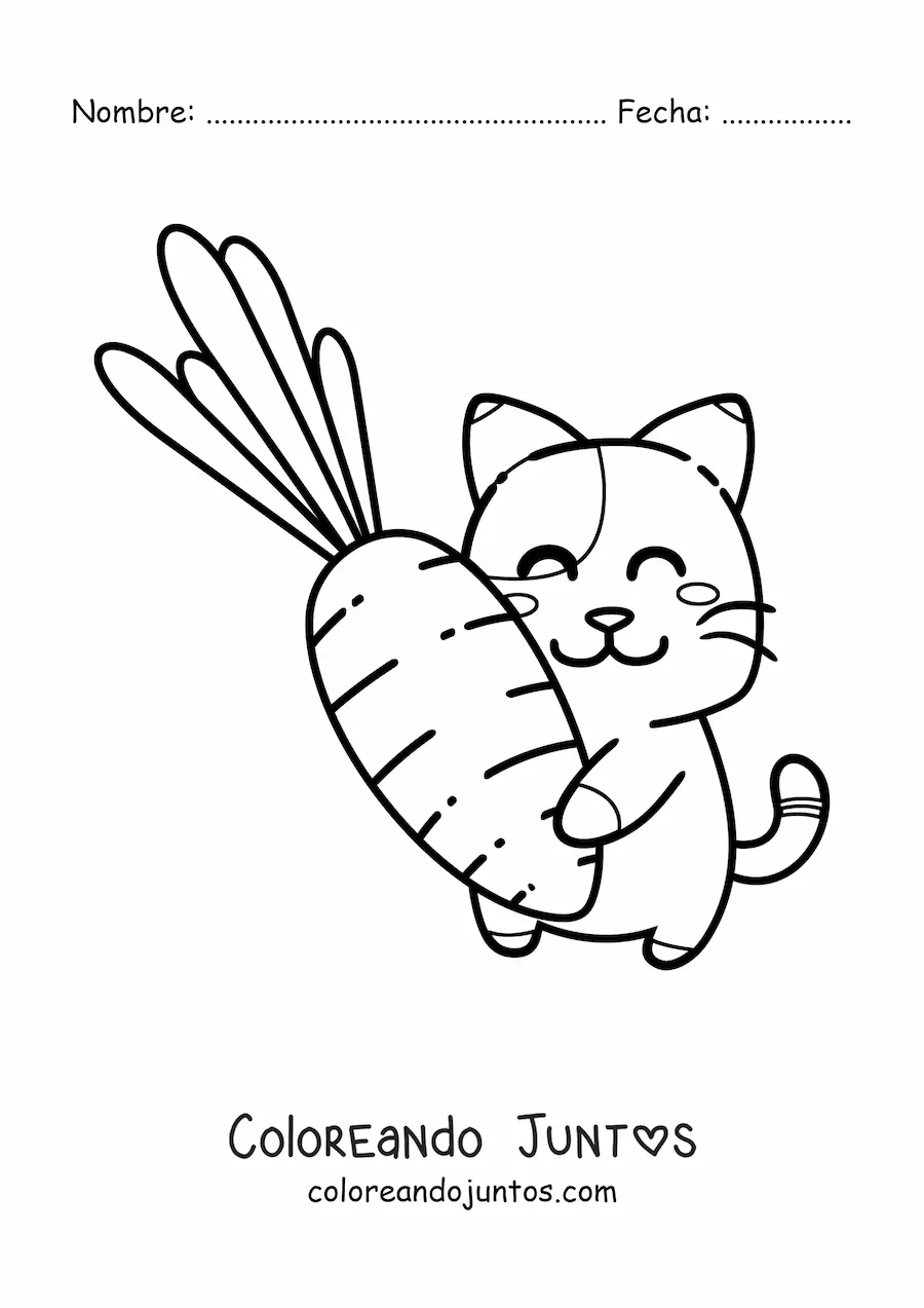 Imagen para colorear de un gato kawaii animado abrazando una zanahoria