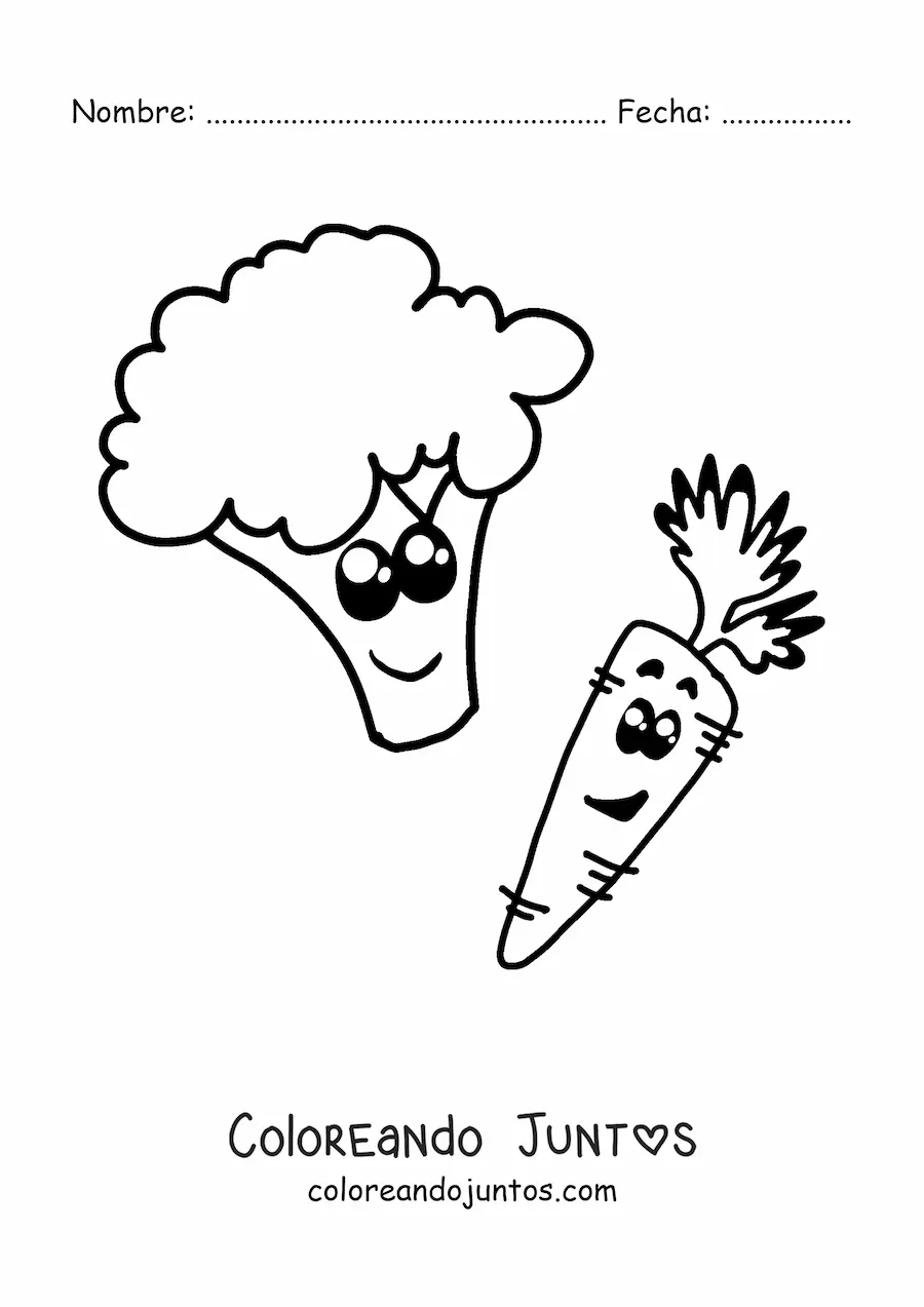 Imagen para colorear de una zanahoria animada junto a un brocoli animado