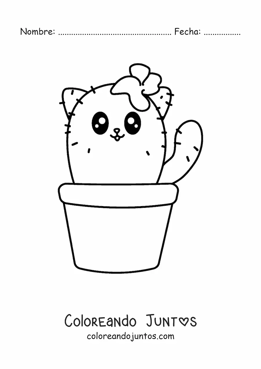 Imagen para colorear de un cactus con forma de gato kawaii