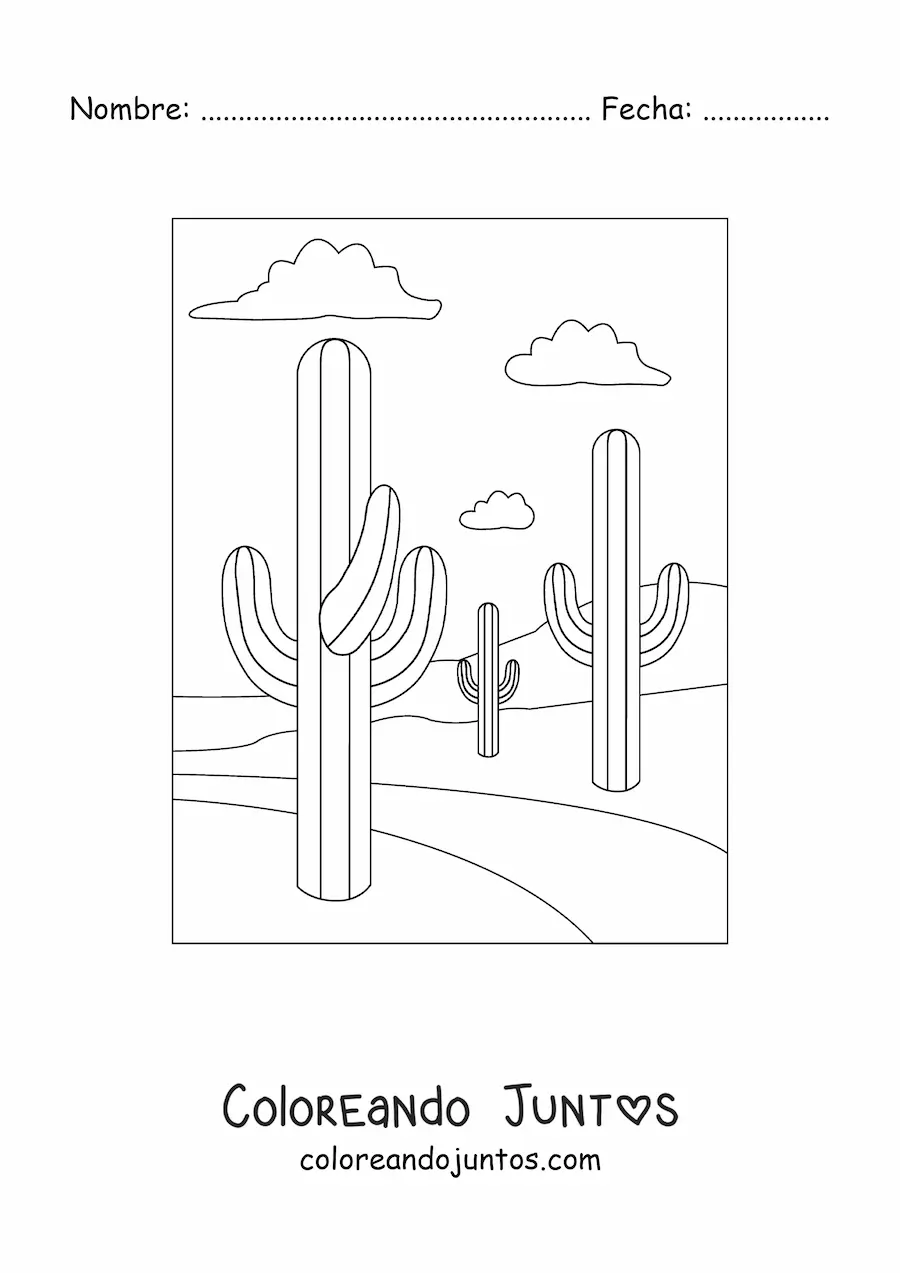 Imagen para colorear de tres cactus en el desierto