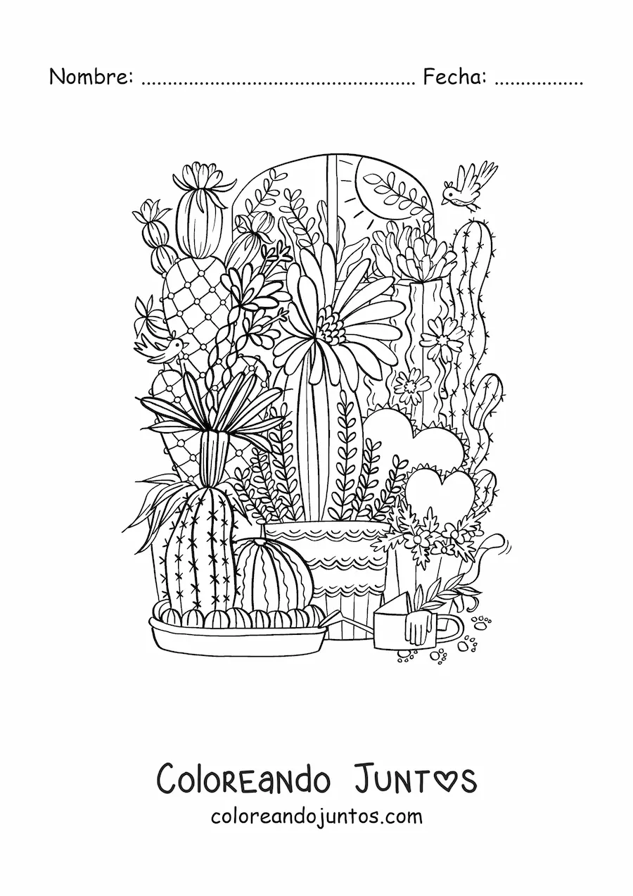 Imagen para colorear de varios cactus en macetas con flores y corazones
