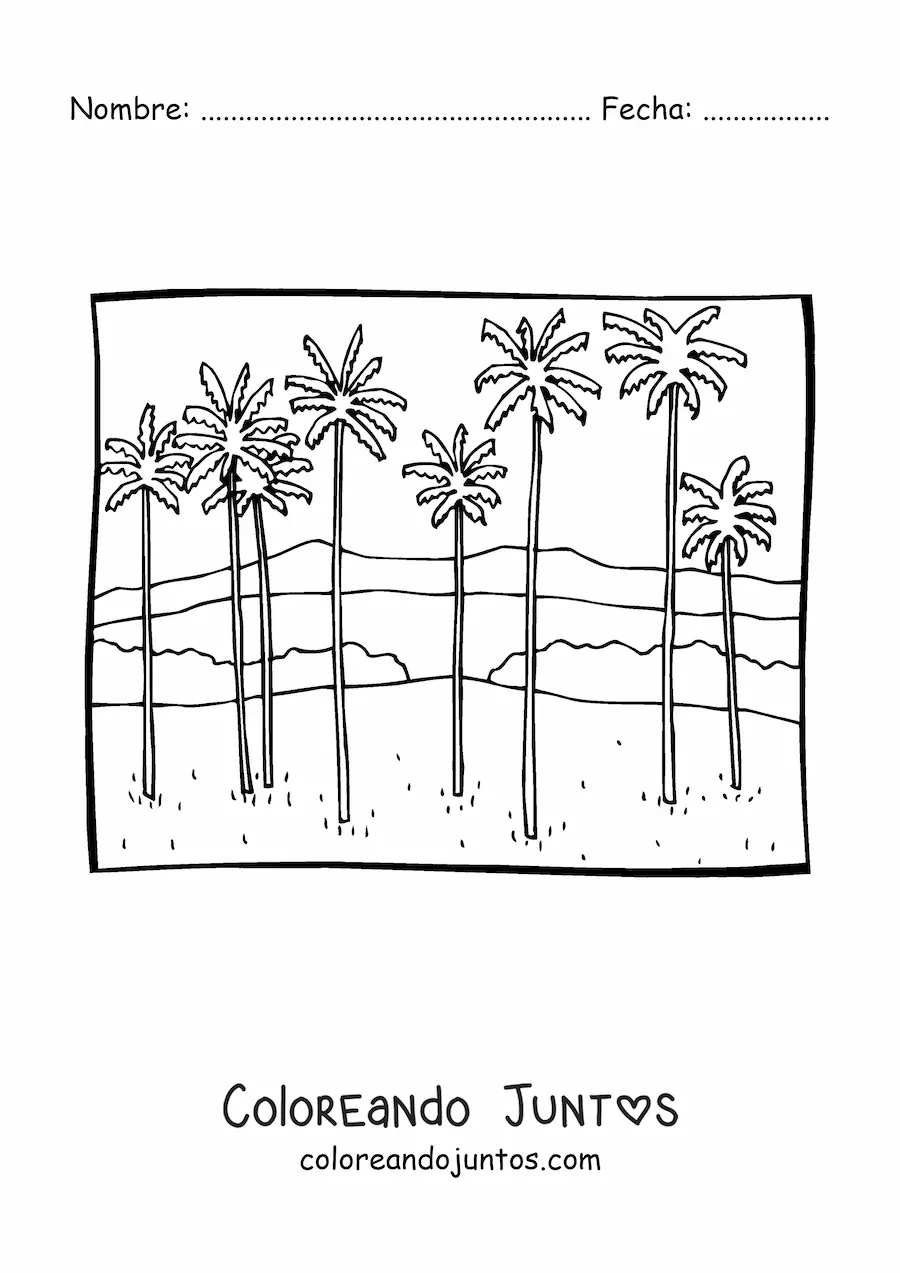 Imagen para colorear de un paisaje con montañas y palmeras