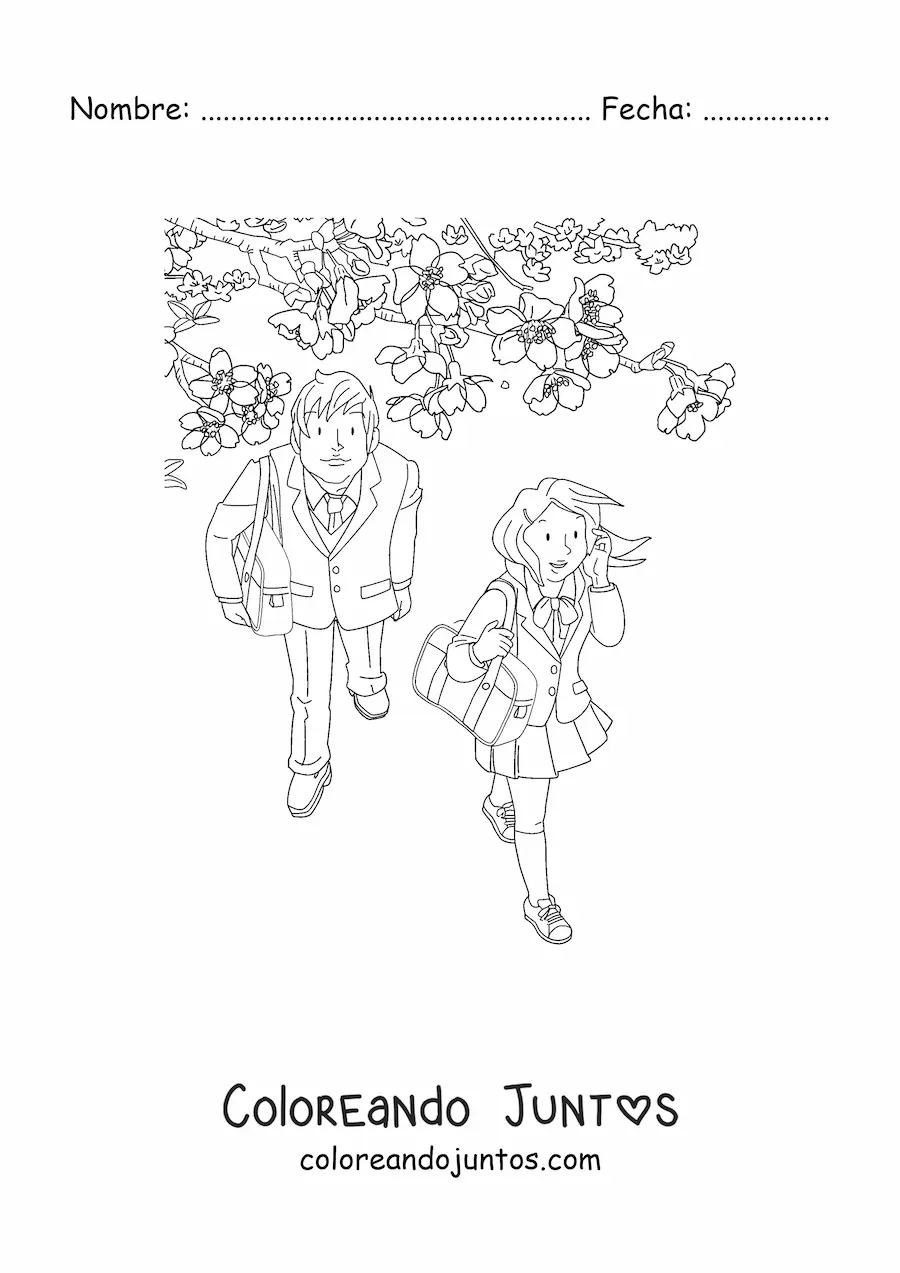 Imagen para colorear de una chica y un chico junto a un árbol de cerezo