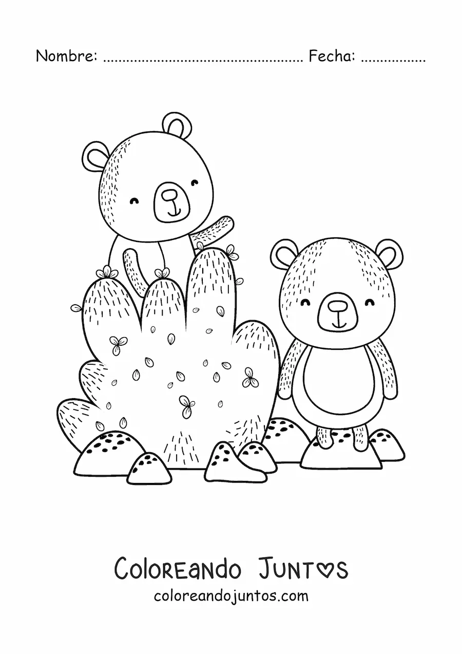 Imagen para colorear de dos osos animados junto a un arbusto