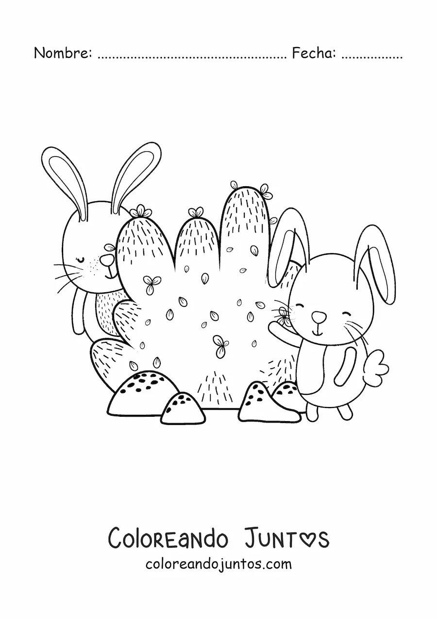 Imagen para colorear de dos conejos animados junto a un arbusto