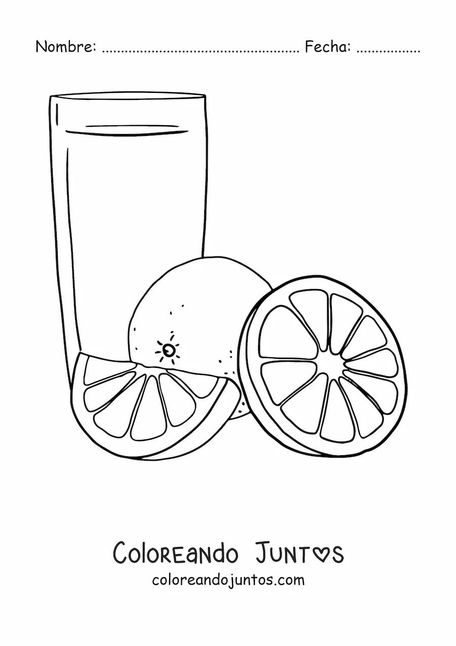 Imagen para colorear de un vaso con jugo de naranja junto a rodajas de naranja