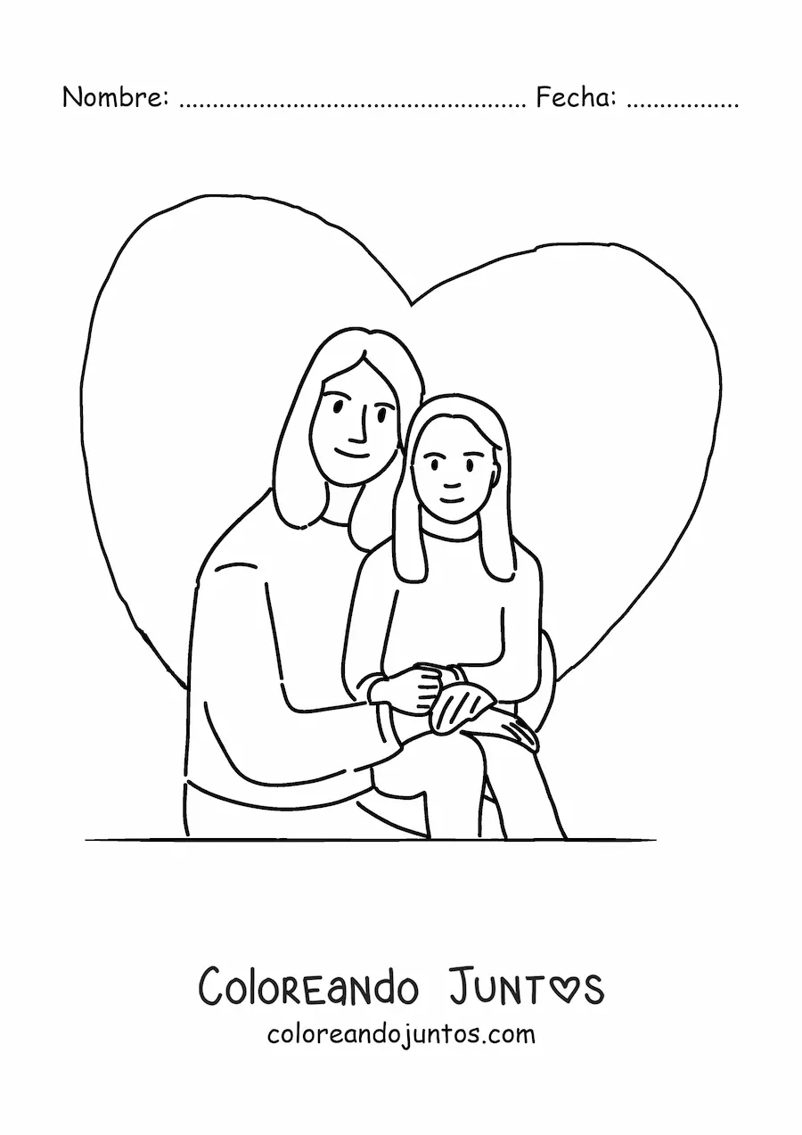 Imagen para colorear de una mamá y su hija con un corazón en el fondo