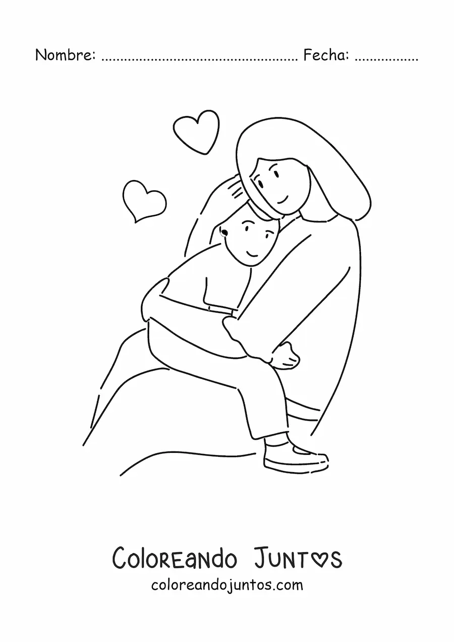 Imagen para colorear de una mamá abrazando a su hijo