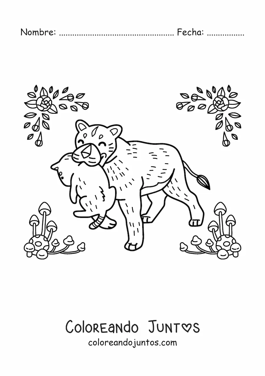 Imagen para colorear de una mamá leona con su cría