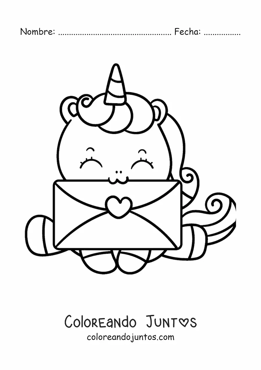 Imagen para colorear de un unicornio kawaii con una carta de san valentín en la boca