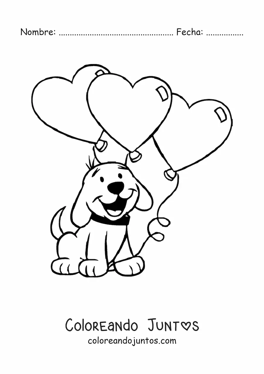 Imagen para colorear de un perro animado con tres globos de corazón