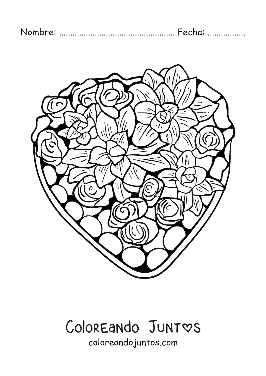 Imagen para colorear de una caja de chocolates con flores de San Valentín