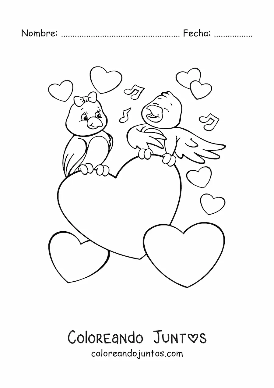 Imagen para colorear de una pareja de aves rodeada con corazones