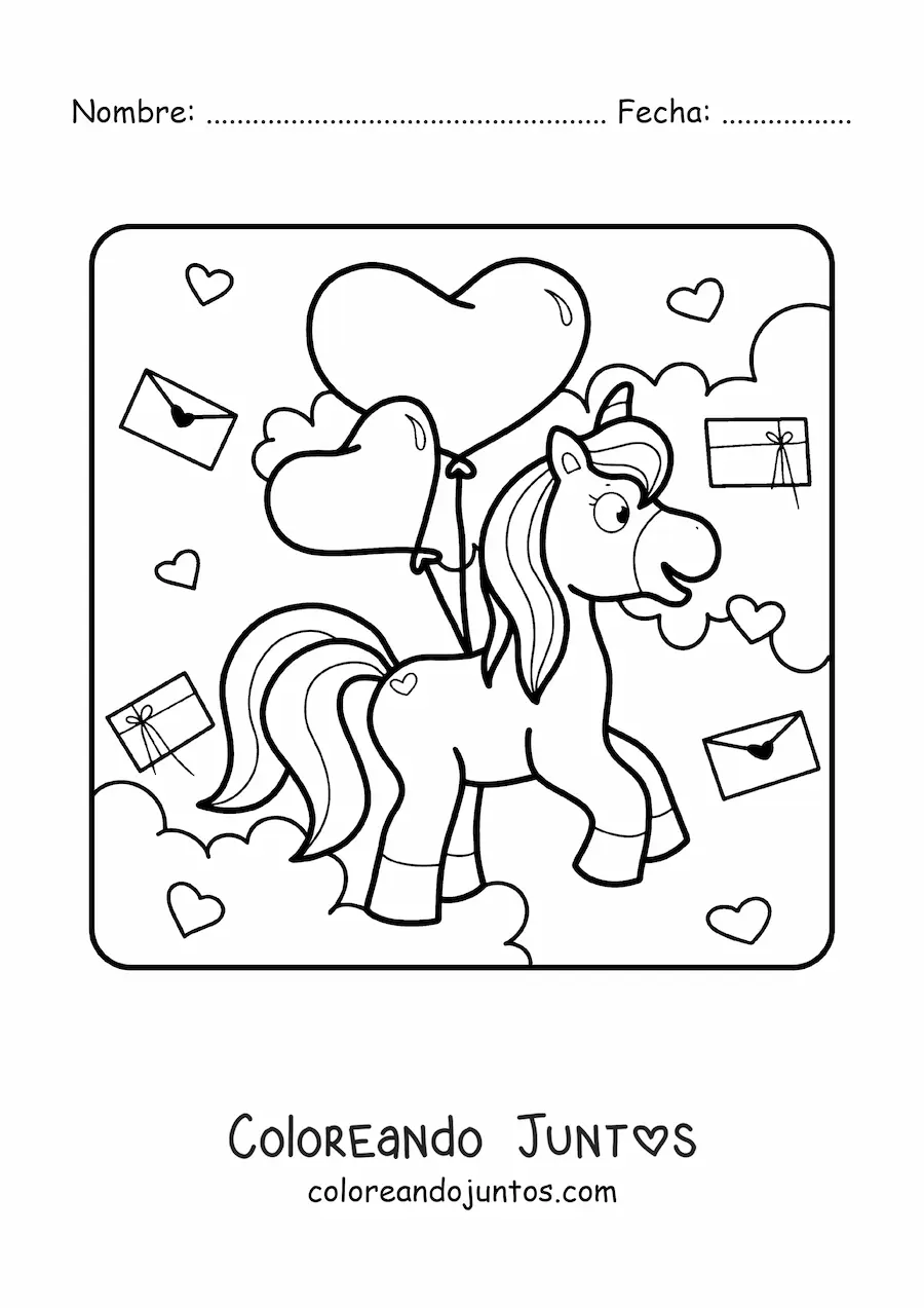 Imagen para colorear de un unicornio con globos y cartas de San Valentín