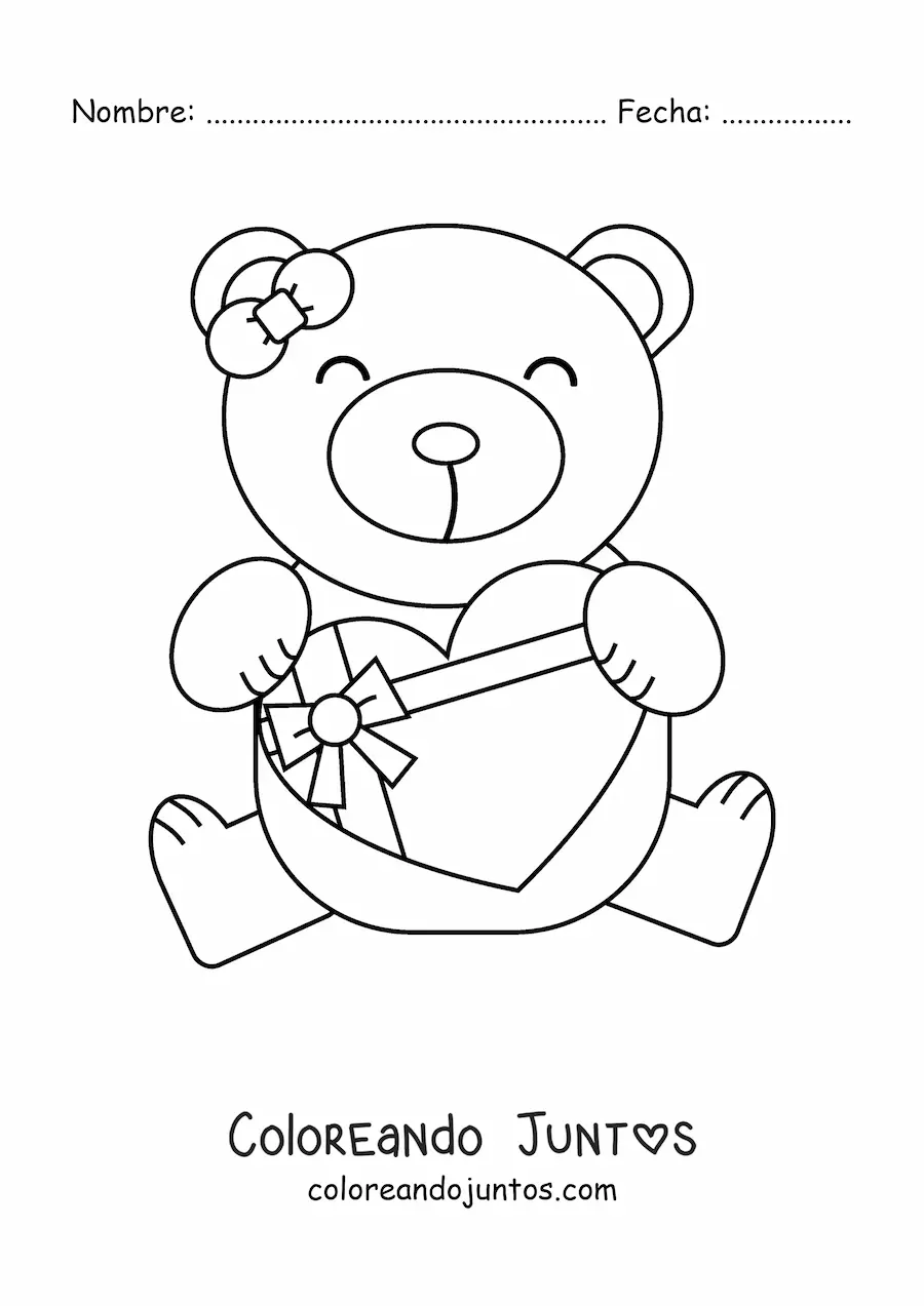 Imagen para colorear de un oso con regalo de San Valentín