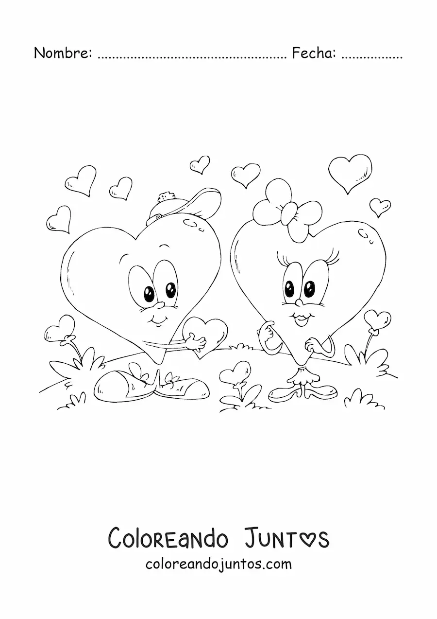 Imagen para colorear de dos corazones animados en San Valentín