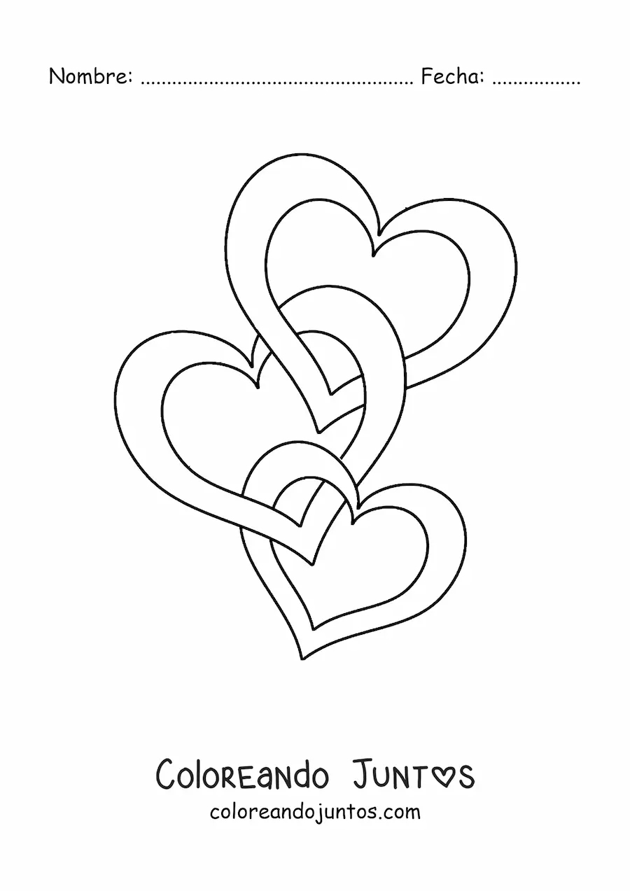 Imagen para colorear de tres corazones entrelazados