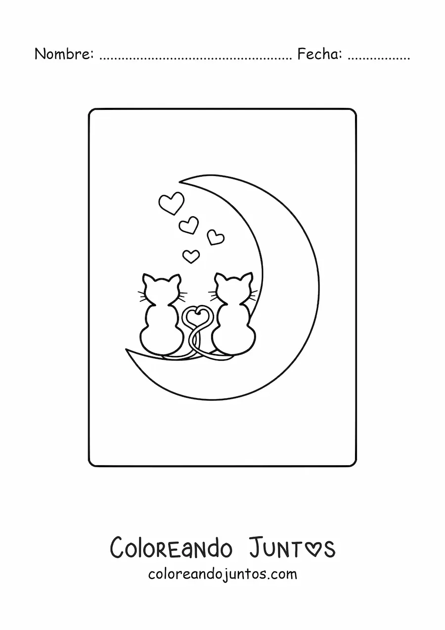 Imagen para colorear de dos gatos enamorados sobre la Luna