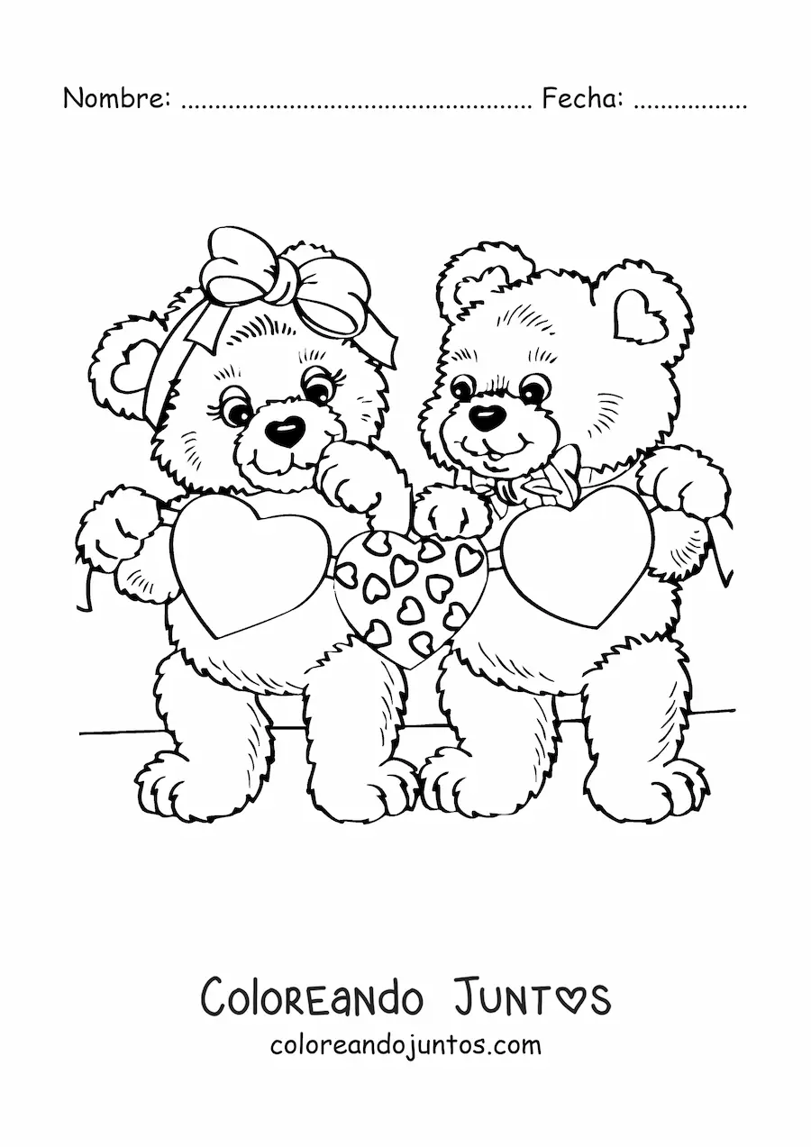 Imagen para colorear de dos osos con corazones de San Valentín