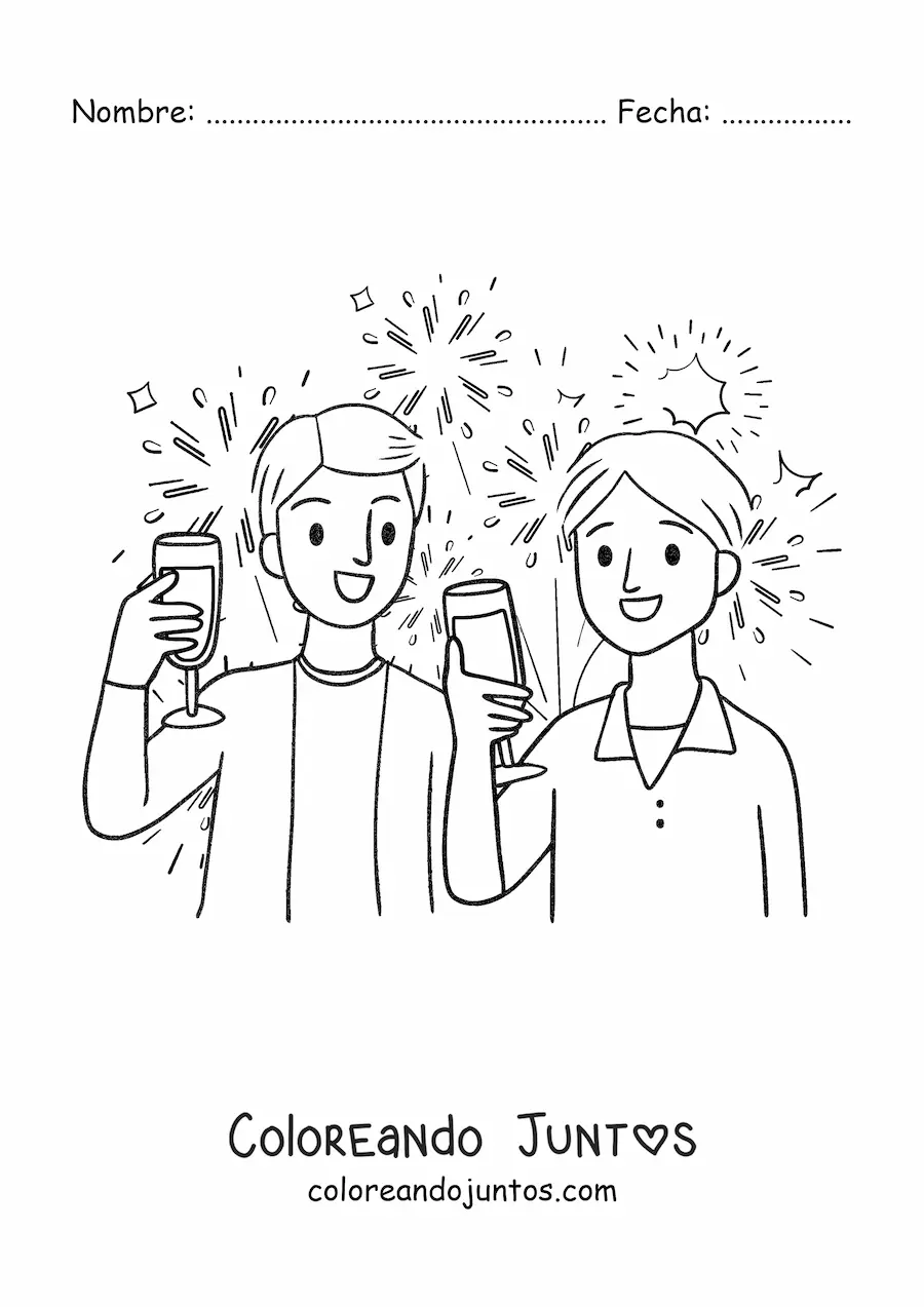 Imagen para colorear de dos chicos celebrando el Año Nuevo