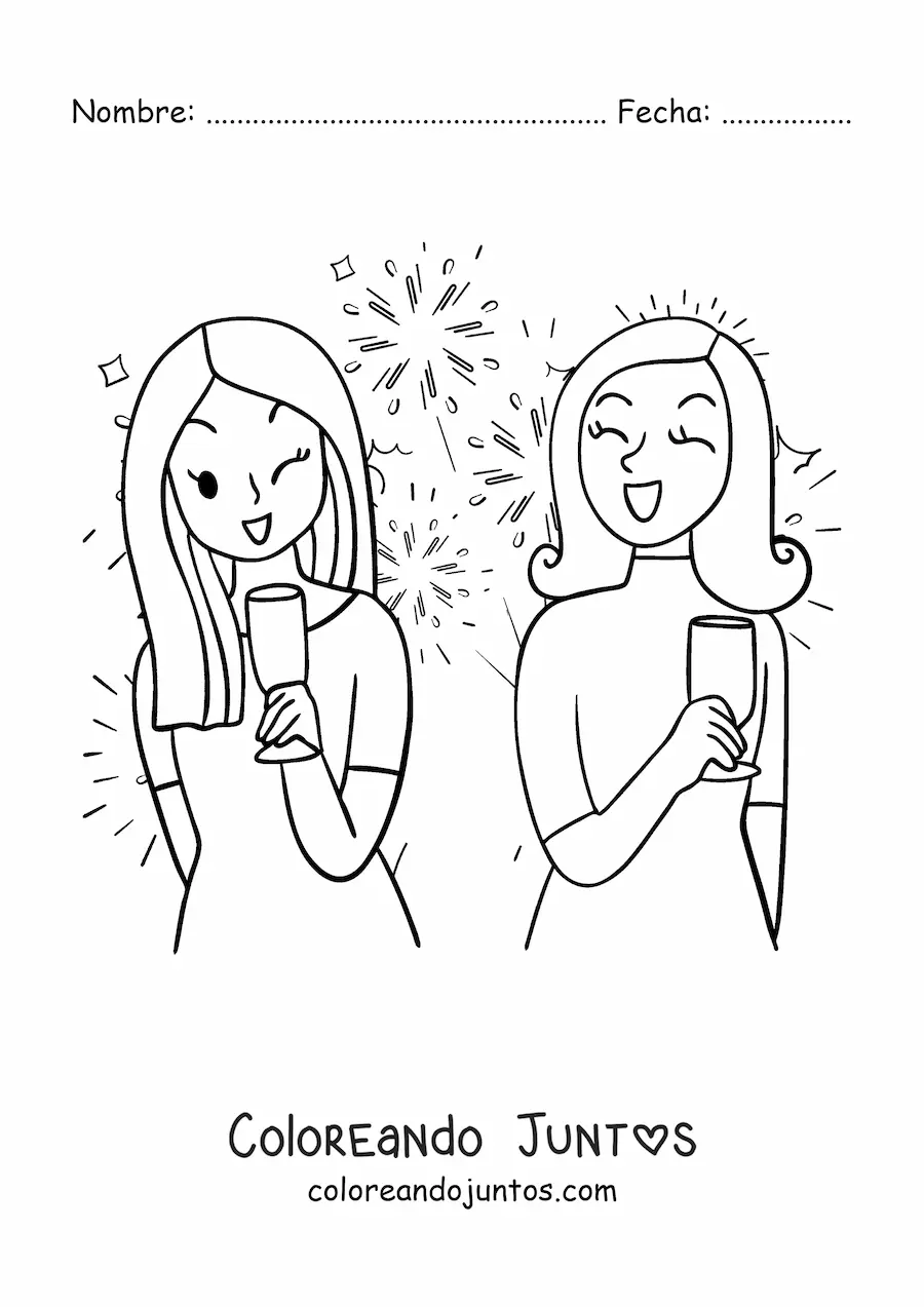 Imagen para colorear de dos chicas celebrando el Año Nuevo