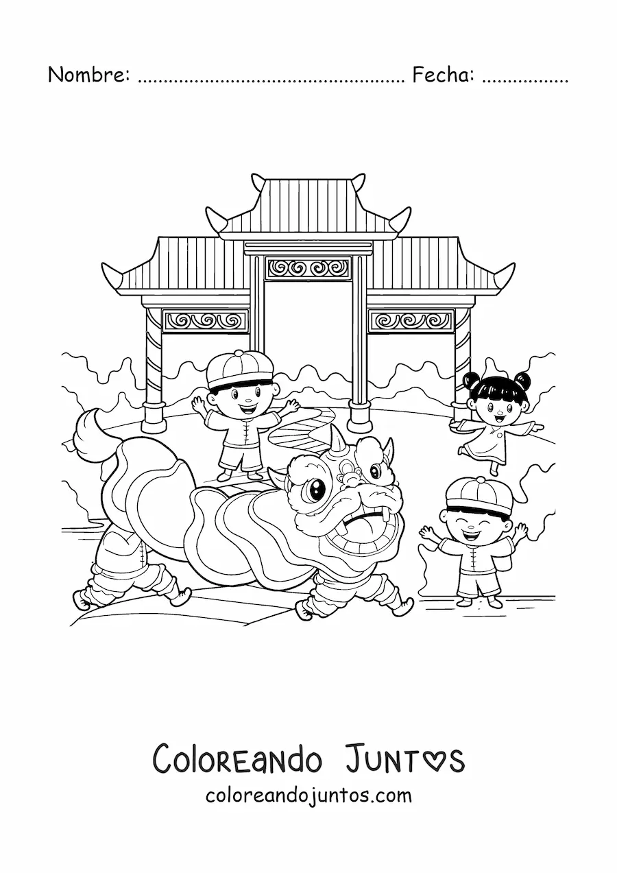 Imagen para colorear de tres niños celebrando el Año Nuevo chino