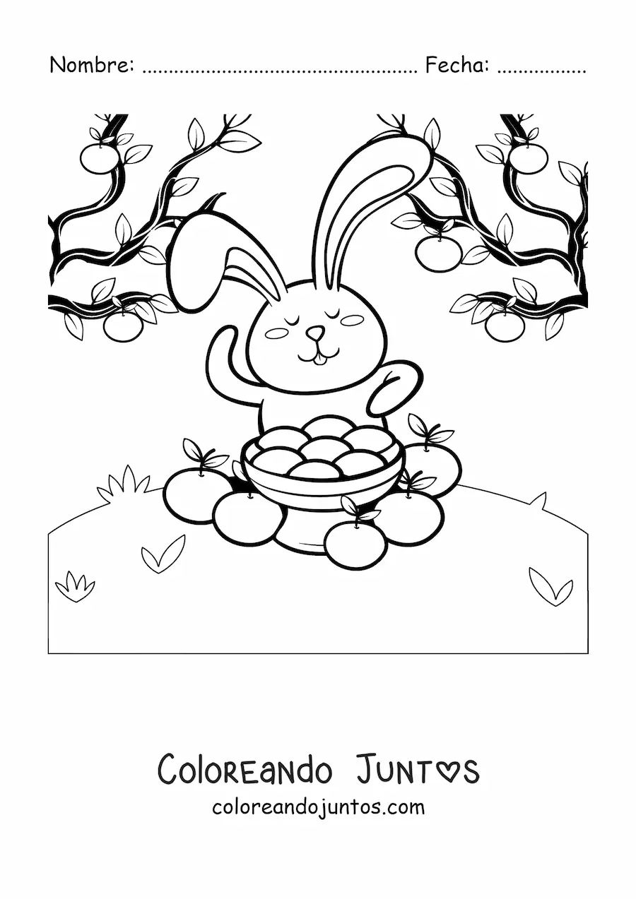 Imagen para colorear de un conejo con naranjas celebrando el Chuseok