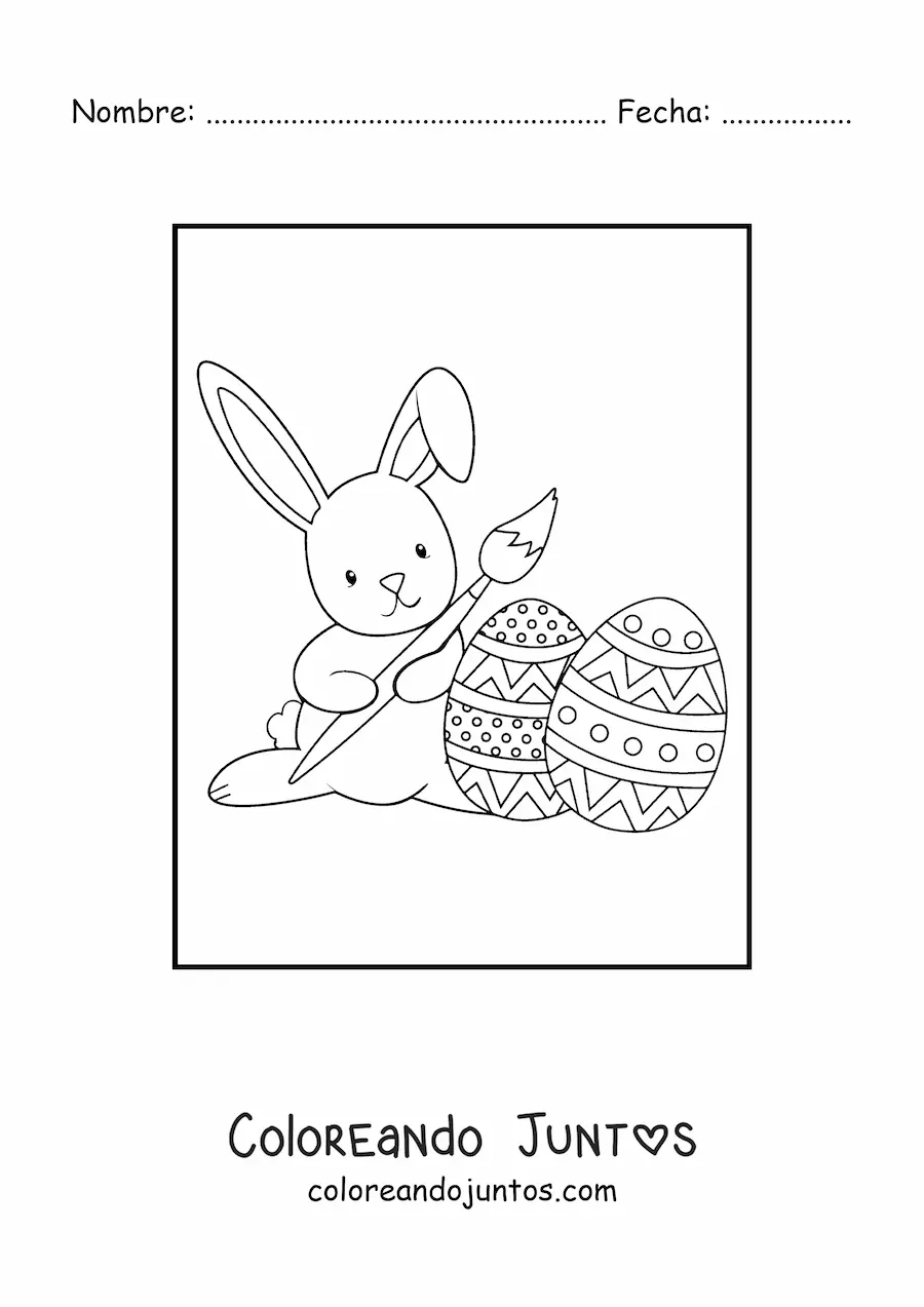 Imagen para colorear de un conejo kawaii decorando huevos de pascua con un pincel