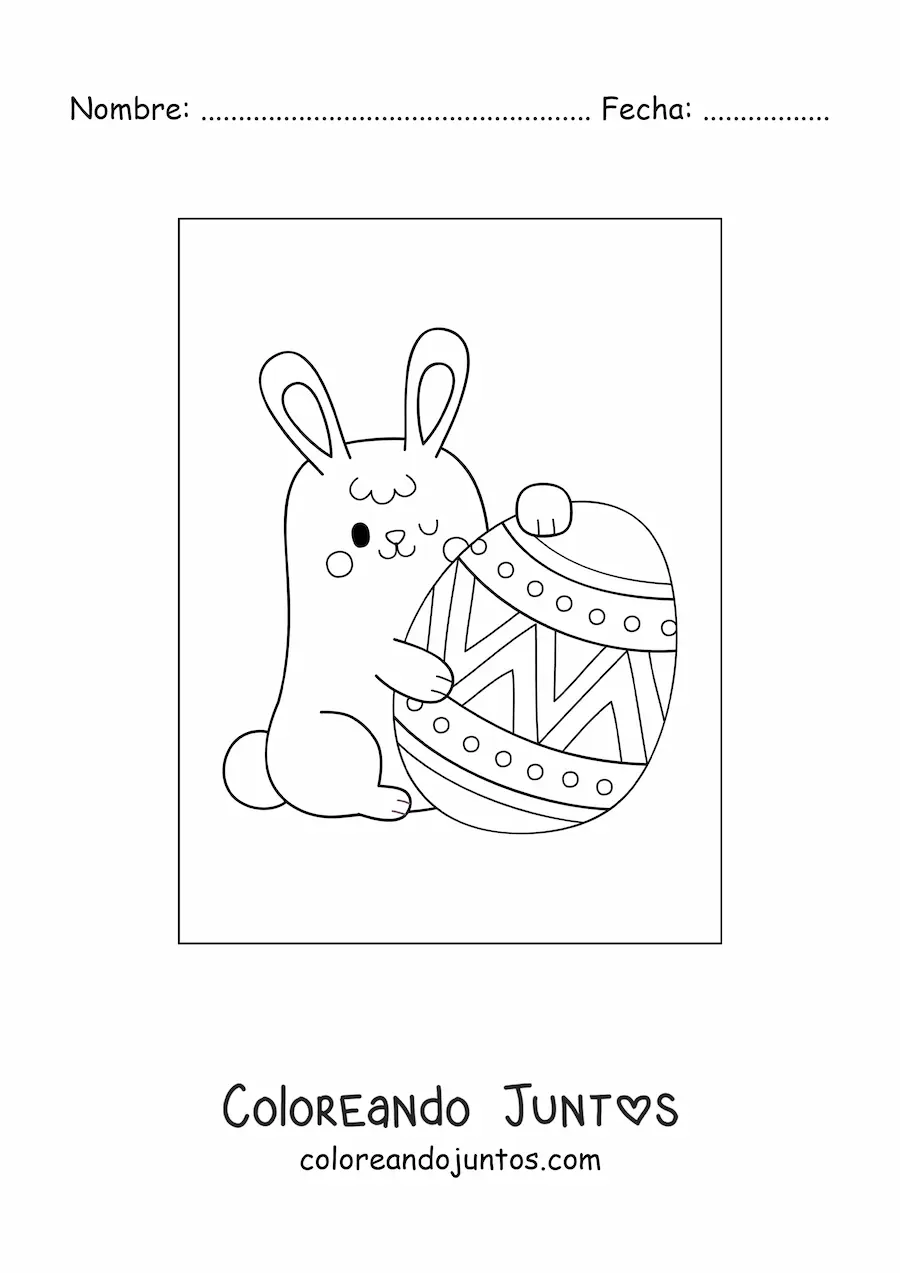 Imagen para colorear de un conejo kawaii con un huevo de pascua gigante
