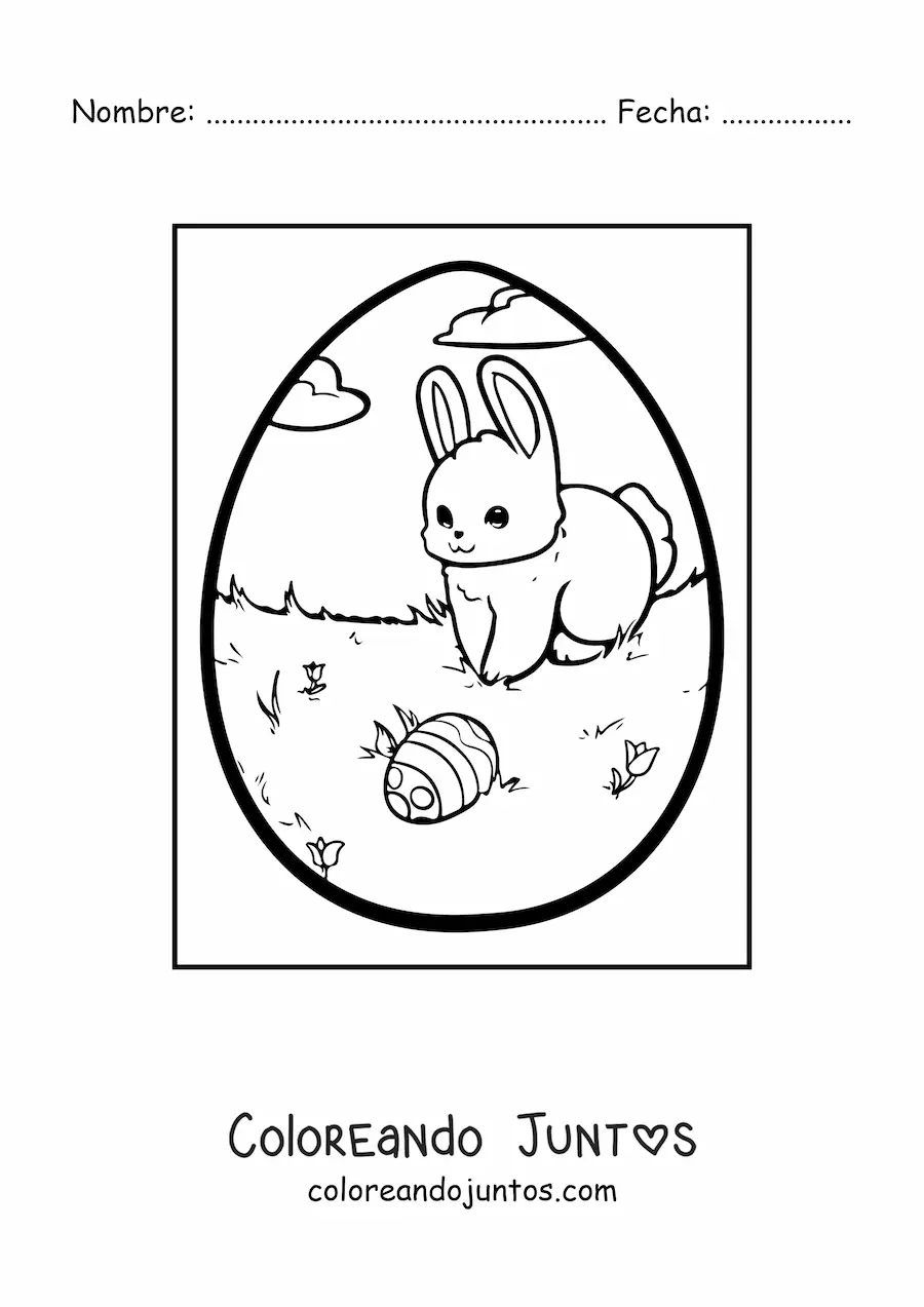 Imagen para colorear de un conejo tierno con un huevo de pascua