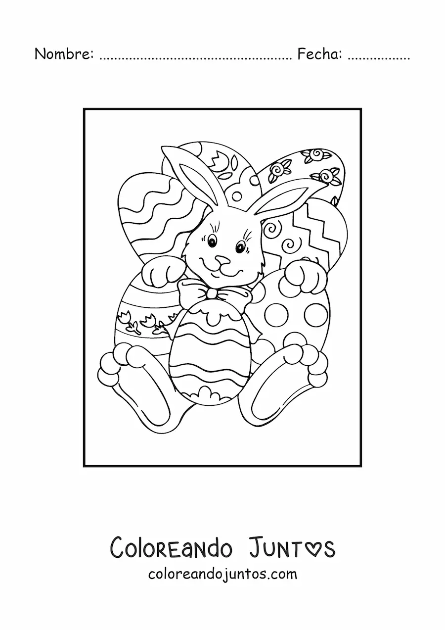 Imagen para colorear de un conejo animado con varios huevos de pascua