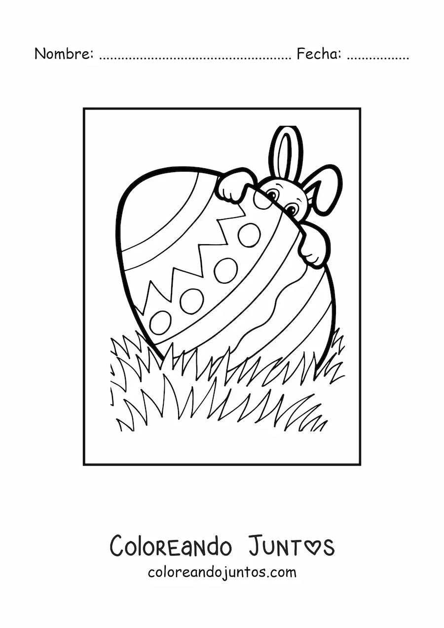 Imagen para colorear de un huevo de pascua gigante y conejo animado escondido