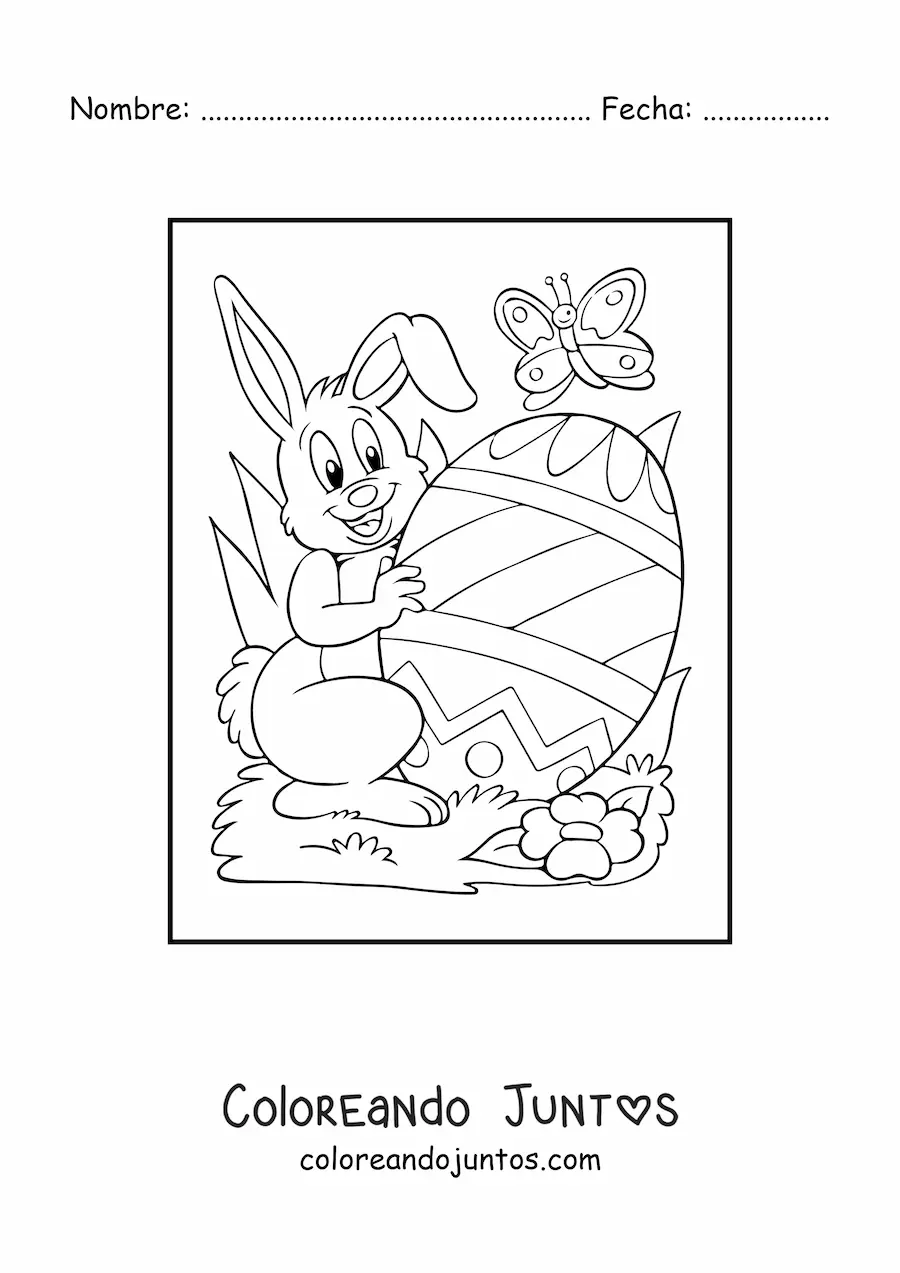 Imagen para colorear de un conejo animado con un huevo de pascua y una mariposa