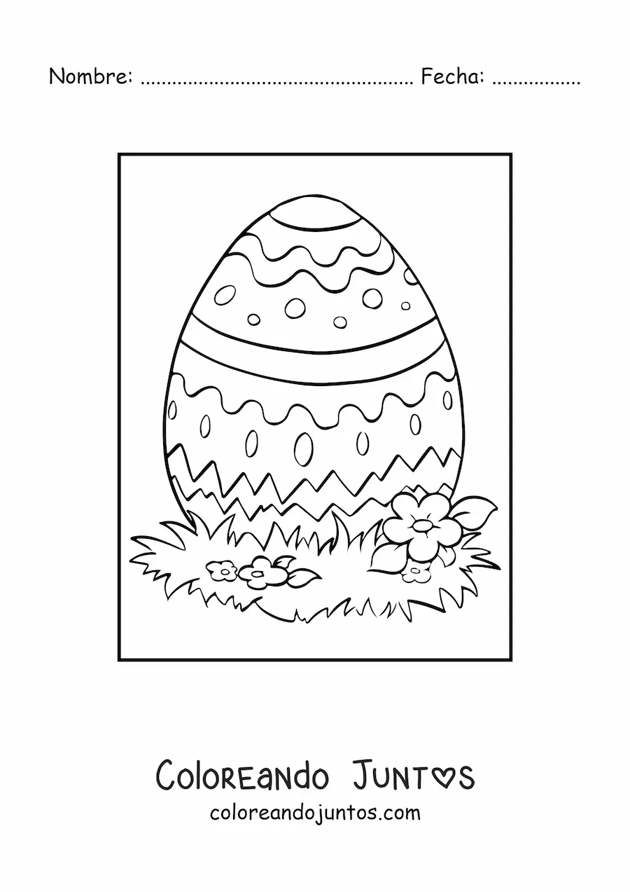 Imagen para colorear de un huevo de pascua sobre el césped con flores