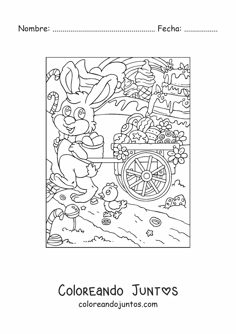 Imagen para colorear de un conejo con una carretilla llena de huevos de pascua