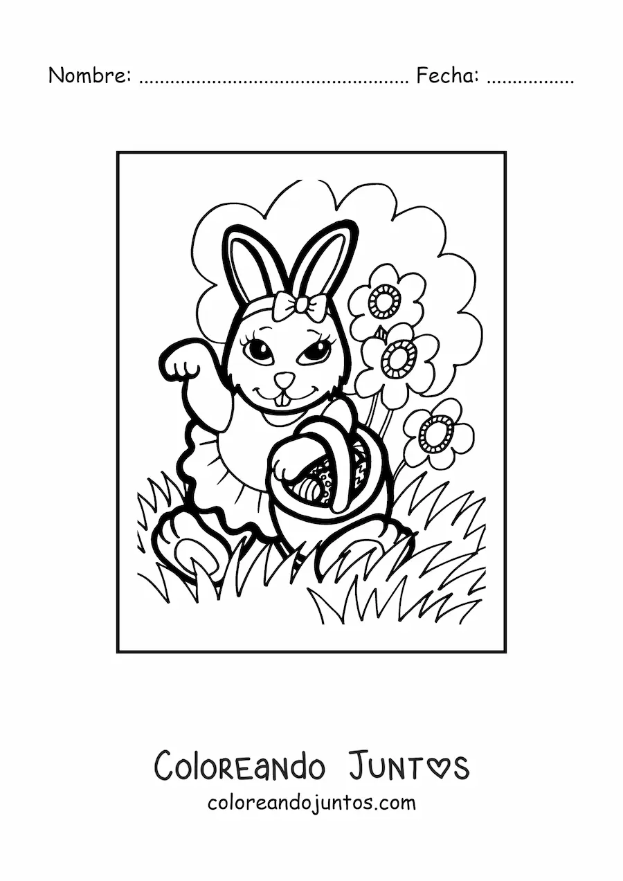 Imagen para colorear de una coneja animada con huevos de pascua y flores
