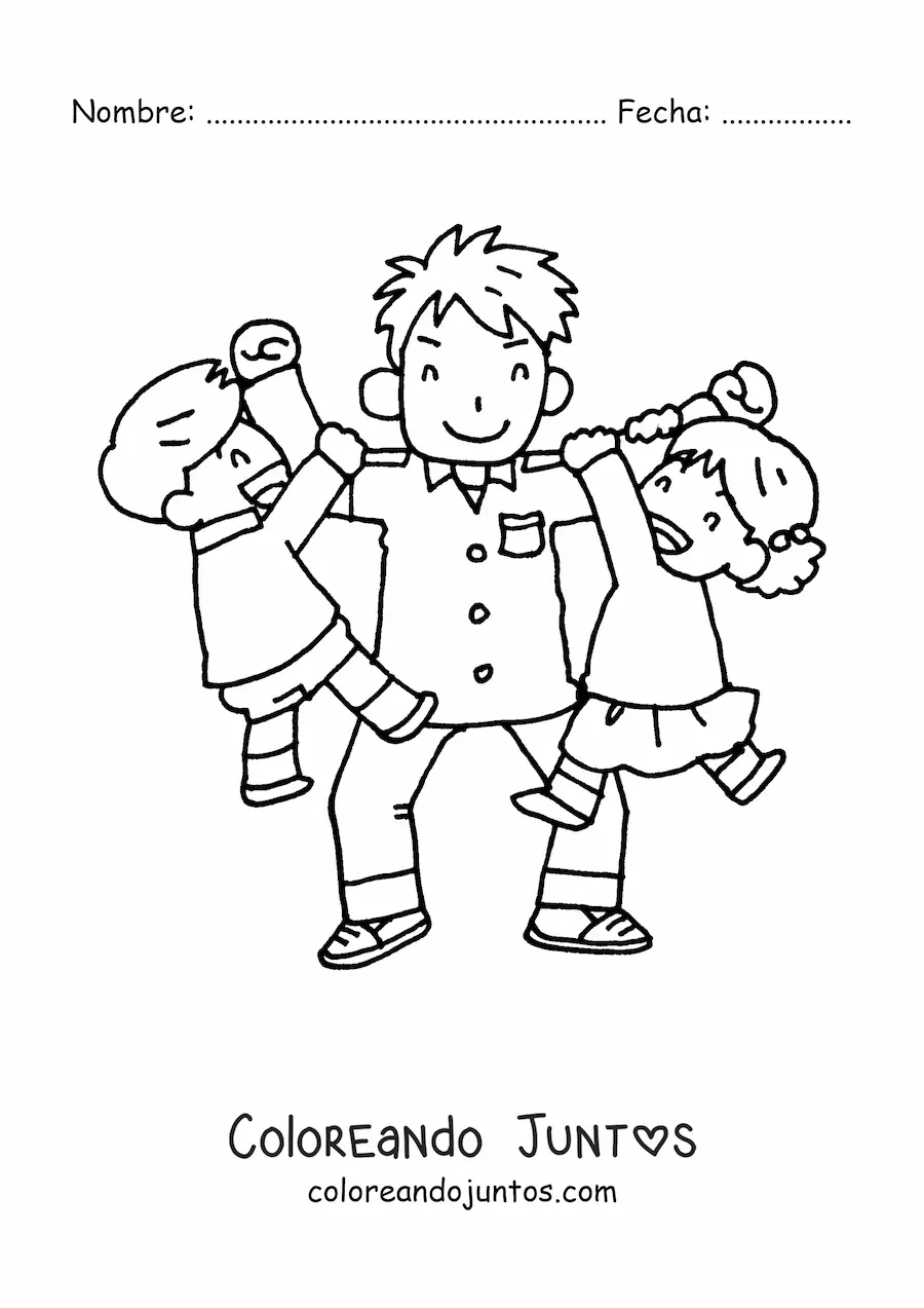 Imagen para colorear de un papá jugando con sus dos hijos