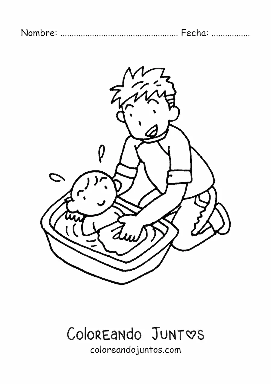 Imagen para colorear de un papá bañando a su hijo